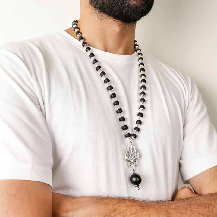 Karungali Wood Mala with Om Shiva Trishul Pendant | Protective Spiritual Necklace for Men